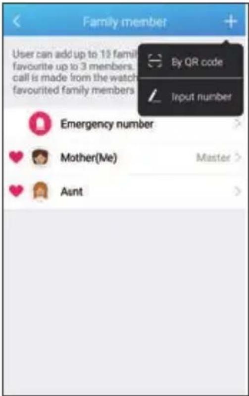 Family member User can add up to 12 family favourite up to 3 members. call is made from the watch favoured family members By QR code Input number Emergency number Mother(Me) Master Asnt