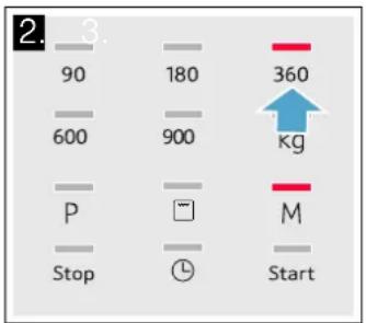 2. 3. 90 180 600 900 P Stop M Start 360 kg