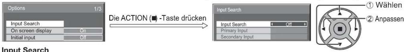 graph LR A["Input Search"] --> B{Die ACTION (■ -Taste drücken} B --> C["Input Search"] C --> D["Primary Input"] C --> E["Secondary Input"] F["Radio Ring Icon"] --> G["① Wählen"] F --> H["② Anpassen"]