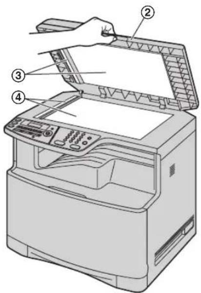 PANASONIC KX-MC6020G - Halten Sie die Dokumentenabdeckung (②), während Sie die weiße Platte (③) und das Vorlagenglas des Scanners (④) reinigen. - 1