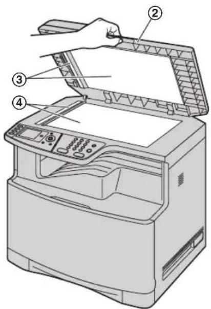 PANASONIC KX-MC6260 - Halten Sie die Dokumentenabdeckung (②), während Sie die weiße Platte (③) und das Vorlagenglas des Scanners (④) reinigen. - 1
