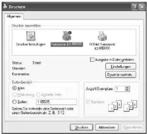 Drucker auswahlen Drucker hinzufügen Panasonic ICX MBXXX PCFAX Panasonic ICX MBXXX Status: Brevi Standort: Kommenter: Aufgabe in Dateigkeiten Einstellungen Drucker suchen. Seitenbereich Alles Modierung: Altitude Sets Selen: 1-85635 Geben Sie entweder eine Seitenzahl oder einen Seitenbereich ein. Z. B. 512 Anzahl Exemplare: 1 Soferen Drucken Abbrachen Überholen