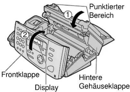 PANASONIC KX-FP155G - Schliessen Sie die rückseitige Gehäuseklappe (①) vollständig, indem Sie an beiden Seiten auf die punktierten Bereiche drücken. Schliessen Sie die vordere Gehäuseklappe (②) vollständig. - 1