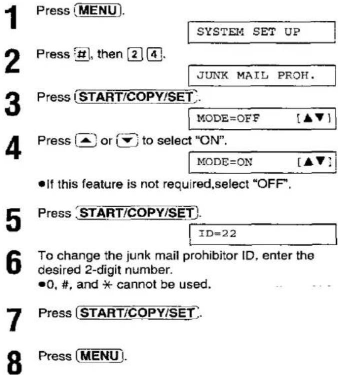 PANASONIC KX-F2780EB - Setting the junk mail prohibitor and ID - 1