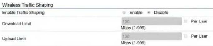 Wireless Traffic Shaping Enable Traffic Shaping Enable Disable Download Limit 100 Mbps (1-999) Per User Upload Limit 100 Mbps (1-999) Per User