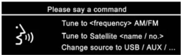 Please say a command Tune to AM/FM Tune to Satellite Change source to USB / AUX / ...