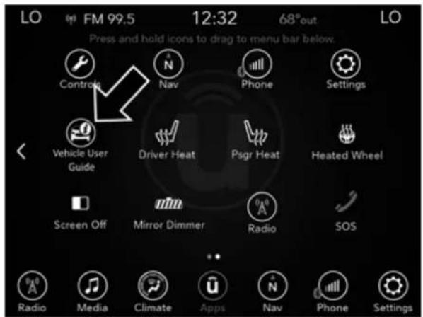 LO FM 99.5 12:32 68°out Press and hold icons to drag to menu bar below. Controls Nav Phone Settings Vehicle User Guide Driver Heat Psgr Heat Heated Wheel Screen Off Mirror Dimmer Radio SOS Radio Media Climate Apps Nav Phone Settings