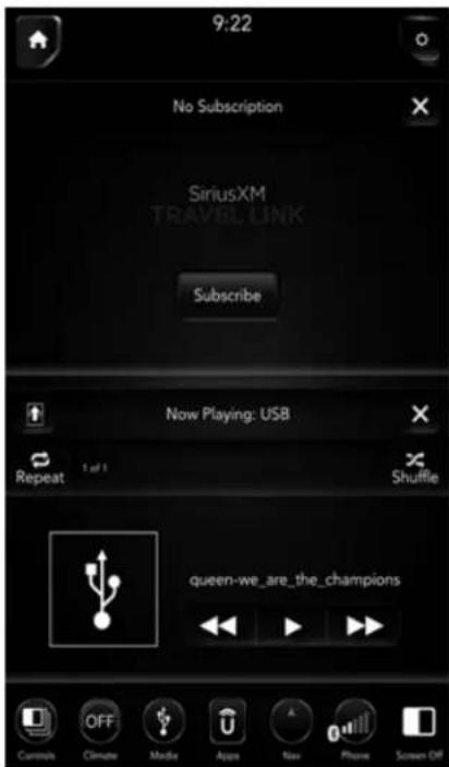 9:22 No Subscription SiriusXM TRAVEL LINK Subscribe Now Playing: USB Repeat 1 of 1 Shuffle queen-we_are_the_champions Controls Climate Media Apps New Phone Screen Off