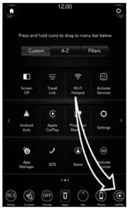 12:00 Press and hold icons to drag to menu bar below Custom A-Z Filters Screen Off Travel Link Wi-Fi Hotspot Activate Services Android Auto Apple CarPlay Projection Manu Settings App Manager SOS Assist Activate Services 95.5 Media Controls OFF Climate Apps Nav Phone CarPlay
