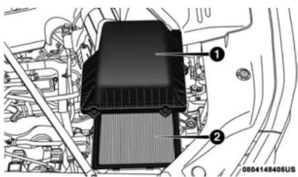 Technical diagram of a vehicle engine compartment with numbered components and assembly lines