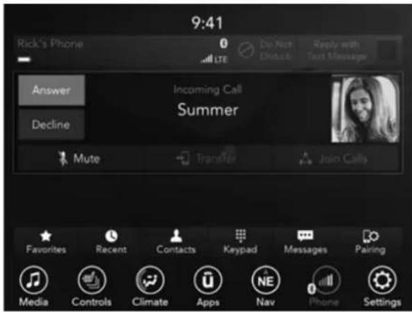 9:41 Rick's Phone 0 LTE Div Nice Divband Reply with Text Messages Answer Incoming Call Summer Decline Mute Transfer Join Calls Favorites Recent Contacts Keypad Messages Pairing Media Controls Climate Apps NE Nav Phone Settings