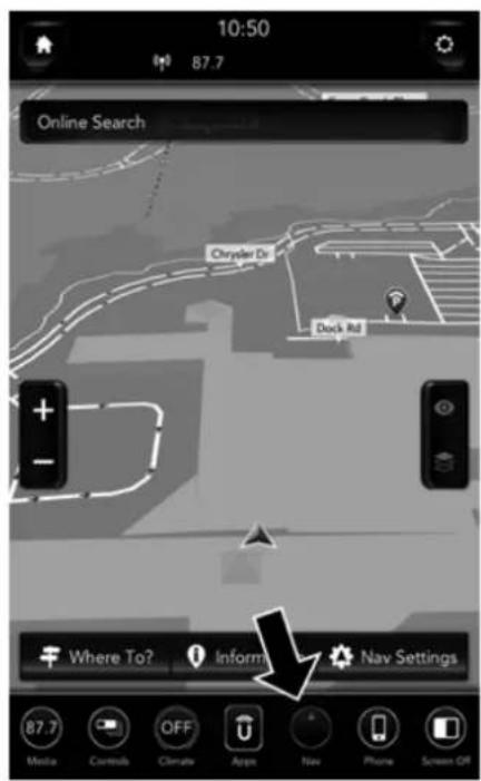 10:50 87.7 Online Search Chrysler Dr Dock Rd + - Where To? Inform Nav Settings 87.7 Media Controls OFF Apps Nav Phone Screen Off