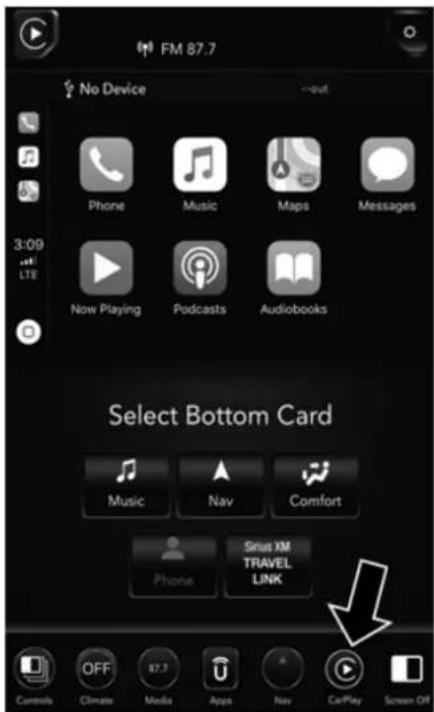 FM 87.7 No Device 3:09 LTE Phone Music Maps Messages Now Playing Podcasts Audiobooks Select Bottom Card Music Nav Comfort Phone Sriut XM TRAVEL LINK Controls Climate Media Apps Nav CarPlay Screen Off