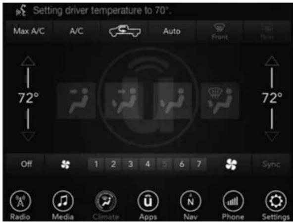 Setting driver temperature to 70°. Max A/C A/C Auto Front Notes 72° 72° Off 1 2 3 4 5 6 7 Sync Radio Media Cclimate Apps Native Phone Settings