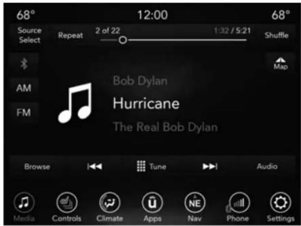 68° 12:00 68° Source Select Repeat 2 of 22 1:32 / 5:21 Shuffle AM FM Bob Dylan Hurricane The Real Bob Dylan Browse Tune Audio Media Controls Climate Apps NE Nav Phone Settings