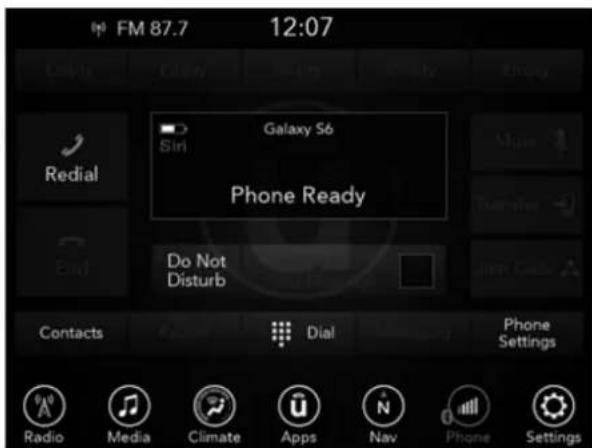 FM 87.7 12:07 Redial Galaxy S6 Sin Phone Ready Do Not Disturb Contacts Dial Phone Settings Radio Media Climate Apps Nav Phone Settings