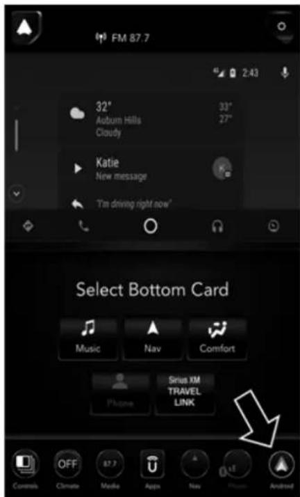 FM 87.7 32° Auburn Hills Cloudy Katie New message I'm driving right now* Select Bottom Card Music Nav Comfort Sirius XM TRAVEL LINK Covanta Climate Media Appn Nav Fiatu Android