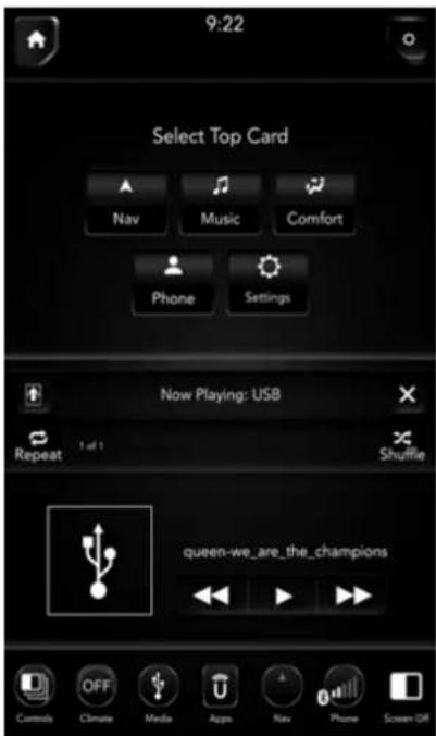 9:22 Select Top Card Nav Music Comfort Phone Settings Now Playing: USB Repeat 1 of 1 Shuffle queen-we_are_the_champions Controls OFF Climate Media Apps Nav Phone Screen Off
