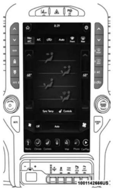 B.29 Max AC Auto Rest 68° 58° Sync Temp Controls Off Auto Media Climate Controls Map Phone CatPlay 1001142666US