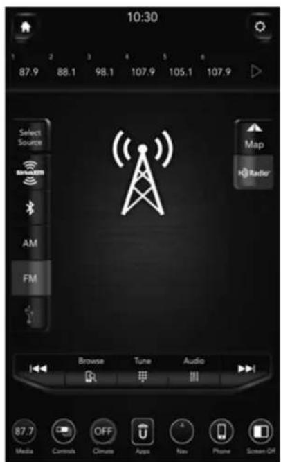 10:30 87.9 88.1 98.1 107.9 105.1 107.9 Select Source BRANDER AM FM Map Radio Browse Tune Audio 87.7 Media Controls OFF Climate Apps Nav Phone Screen Off