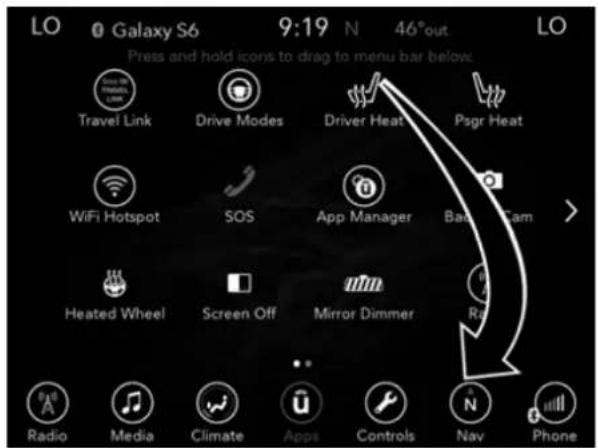 LO Galaxy S6 9:19 N 46°out Press and hold icons to drag to menu bar below. Travel Link Drive Modes Driver Heat Psgr Heat WiFi Hotspot SOS App Manager Bar Cam Heated Wheel Screen Off Mirror Dimmer Radio Media Climate Apps Controls Nav Phone