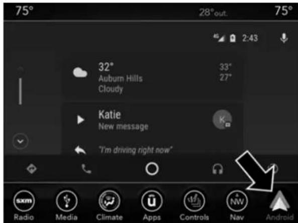 75° 28°out. 75° 32° Auburn Hills Cloudy 33° 27° Katie New message "I'm driving right now" Radio Media Climate Apps Controls NW Nav Android