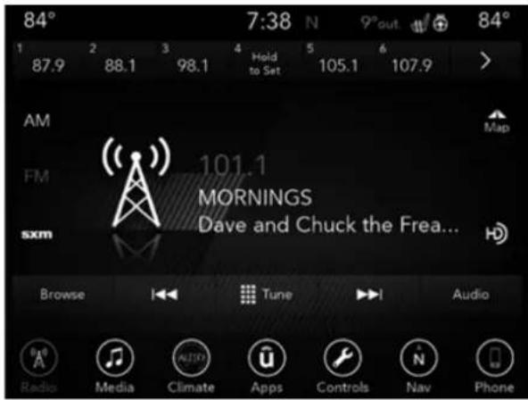 84° 7:38 N 9°out 84° 1 2 3 4 Hold to Set 5 6 87.9 88.1 98.1 105.1 107.9 AM FM 101.1 MORNINGS Dave and Chuck the Frea... sxm Browse |←→ Tune →→ Audio Radio Media Climate Apps Controls Nav Phone
