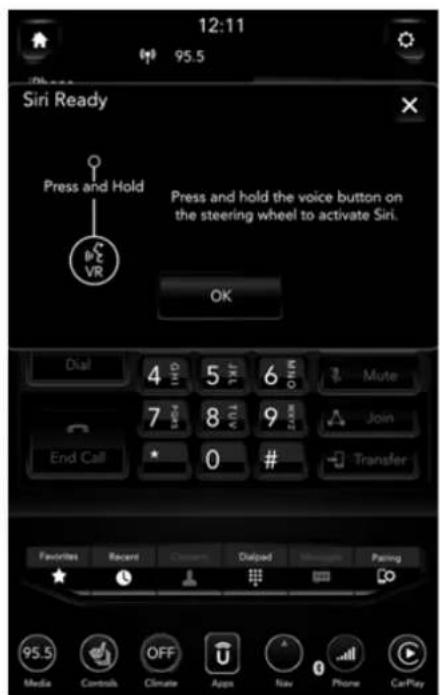 12:11 95.5 Siri Ready Press and Hold Press and hold the voice button on the steering wheel to activate Siri. OK Dial 4 5 6 Mute 7 8 9 Join End Call 0 # Transfer Favorites Recent Diabed Paring 95.5 Media Controls OFF Climate Apps Nav Phone CarPlay