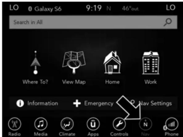 LO Galaxy S6 9:19 N 46°out. Search in All Where To? View Map Home Work i Information + Emergency Nav Settings Radio Media Climate Apps Controls Nav Phone
