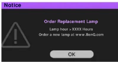 Notice Order Replacement Lamp Lamp hour > XXXX Hours Order a new lamp at www.BenQ.com OK