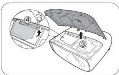 Diagram of a device's internal structure with numbered parts, showing a component being inserted into a housing.