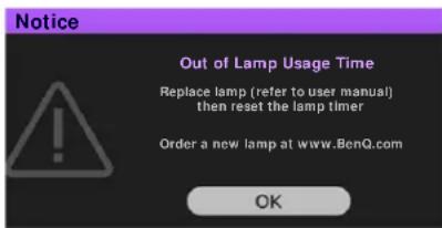 Notice Out of Lamp Usage Time Replace lamp (refer to user manual) then reset the lamp timer Order a new lamp at www.BenQ.com OK