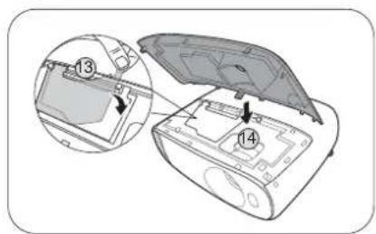 Diagram showing a device casing with labeled parts, including a highlighted internal component and numbered callouts 13 and 14.