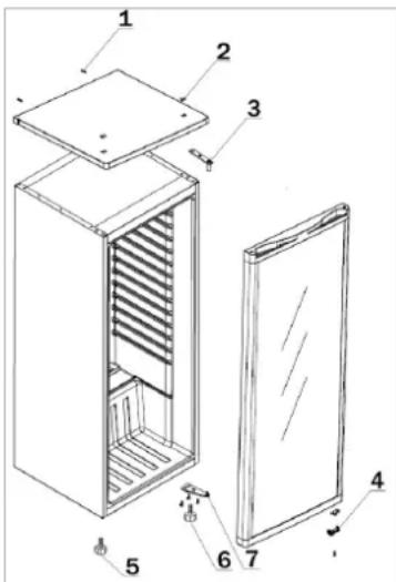 Technical diagram of a refrigerator with numbered parts for identification