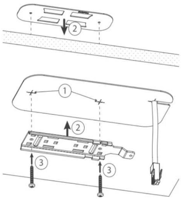 Technical diagram showing three-step assembly of a device with numbered components and directional arrows indicating assembly steps.