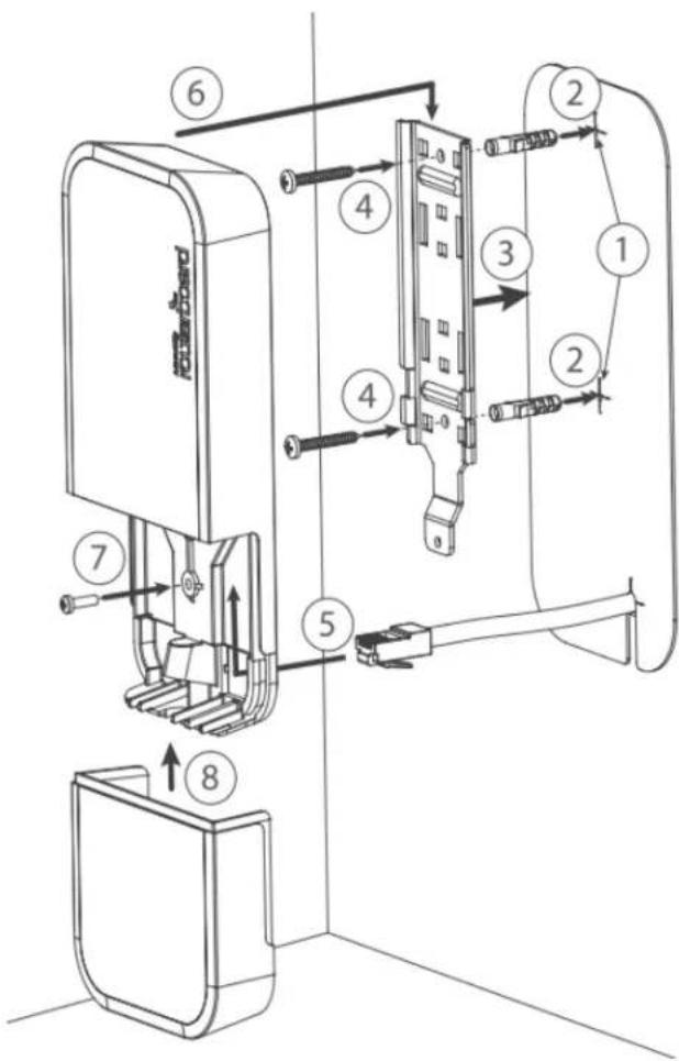 Technical diagram of a device assembly with numbered components and directional arrows indicating assembly steps.