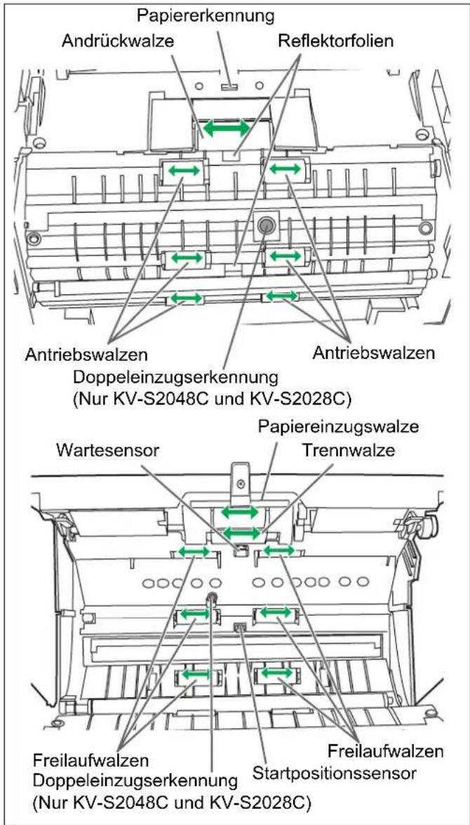 Papiererkennung Andrückwalze Reflektorfolien Antriebswalzen Doppeleinzugserkennung (Nur KV-S2048C und KV-S2028C) Wartesensor Papiereinzugswalze Trennwalze Freilaufwalzen Doppeleinzugserkennung (Nur KV-S2048C und KV-S2028C) Startpositionssensor Freilaufwalzen