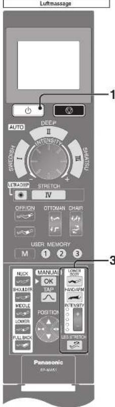 Luftmassage AUTO SWEEDISH I DEEP II INTENSITY III PERSIST + - LUTRADSP STRETCH IV OFF/ON OTTOMAN CHAIR USER MEMORY M 1 2 3 NECK SHOLDER TAP MOBILE LOWER FULLBACK MANUAL LOWER SHORT MINIMUM INTENSITY LESS STRETCH Panasonic EF-MALL