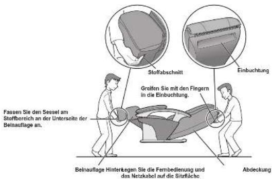 Fassen Sie den Sessel am Stoffbereich an der Unterseite der Beinauflage an. Stoffabschnitt Einbuchtung Gräften Sie mit den Fingern in die Einbuchtung. Beinauflage Hinterlegen Sie die Fernbedienung und das Netzkabel auf die Sitzfläche Abdeckung