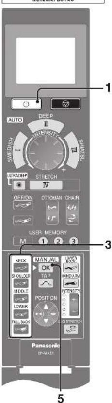 AUTO DEEP II INTENSITY III SHATENS SWEDISH I U/RADREP STRETCH IV OFF/ON DTOMAN CHAIR USER MEMORY M 1 2 3 MECK MANUAL LOWER BOX SHOLDER TAP HANDARM MIDDLE INTENSITY LOWER LOWER BOX FULL BACK L/S STRETCH Panasonic IP-0451 5
