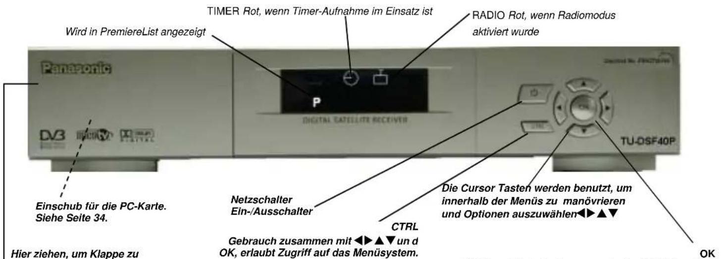 TIMER Rot, wenn Timer-Aufnahme im Einsatz ist Wird in PremiereList angezeigt RADIO Rot, wenn Radiomodus aktiviert wurde P DIGITAL GATELLITE RECEIVER TU-OSF40P Einschub für die PC-Karte. Siehe Seite 34. Hier ziehen, um Klappe zu Netzschalter Ein-/Ausschalter CTRL Die Cursor Tasten werden benutzt, um innerhalb der Menüs zu manövrieren und Optionen auszuwählen◀▶▲▼ Gebrauch zusammen mit ◀▶▲▼ un d OK, erlaubt Zugriff auf das Menüsystem. OK