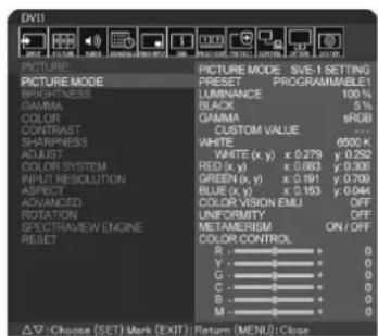DVI PICTURE MODE PRESET MODE SVE-1 SETTING PRESET PROGRAMMABLE1 STICKNESS LUMINANCE 100% GAMMA BLACK 5% COLOR GRAMMA #RGB CONTRAST CUSTOM VALUE - SHORTNESS WHITE 6500 x ADJUST ADJUST ADJUST COLOR SYSTEM RED (x, y) 0.279 0.282 INPUT RESOLUTION GREEN (x, y) 0.1963 0.206 ASPECT BLUE (x, y) 0.191 0.199 ADVANCED COLOR VISION EMU OFF ROTATION UNIFORMITY OFF SPECTRAVIEW ENGINE METAMERISM ON/OFF RESET COLOR CONTROL R Y G C B M 0 0 0 0 0 0 0 0 0 0 0 0 0 0 0 0 0 0 0 0 0 0 0 0 0 0 0 0 0 0 0 0 0 0 0 0 0 0 0 0 0 0 0 0 0 0 0 0 0 0 R: Y: G: C: B: M: 0