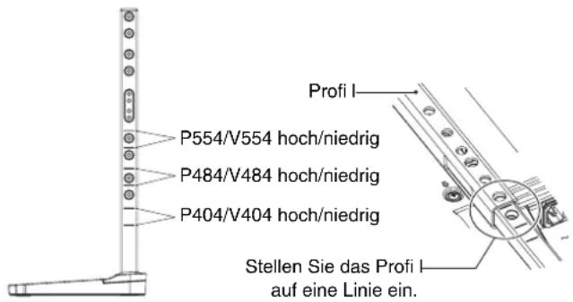 Profi I P554/V554 hoch/niedrig P484/V484 hoch/niedrig P404/V404 hoch/niedrig Stellen Sie das Profi I auf eine Linie ein.