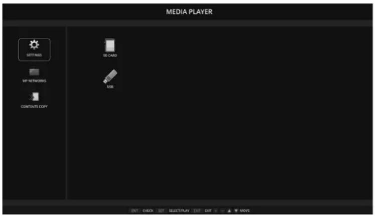 MEDIA PLAYER SETTINGS MP NETWORKS CONTENTS COPY SD CARD USB OUT CHECK OUT SHIFT/PLAY OUT OUT ▲ MOV