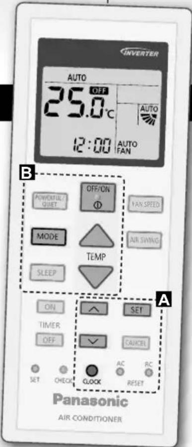 INVERTER AUTO 25.0°C 12:00 AUTO FAN B POWERFUL/ QUIET OFF/ON ① FAN SPEED MODE TEMP SLEEP AIR SWING ON SET TIMER OFF CAUCEL SET CHECK CLOCK RESET A Panasonic AIR CONDITIONER