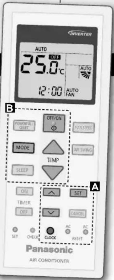 INVERTER AUTO 25.0°C 12:00 AUTO FAN B POWERFUL/ QIET OFF/ON Φ YAN SPEED MODE TEMP SLEEP AIR SWING ON SET TIMER ✓ CAUCEL OFF CLOCK AC RC SET CHECK RESET Panasonic AIR CONDITIONER
