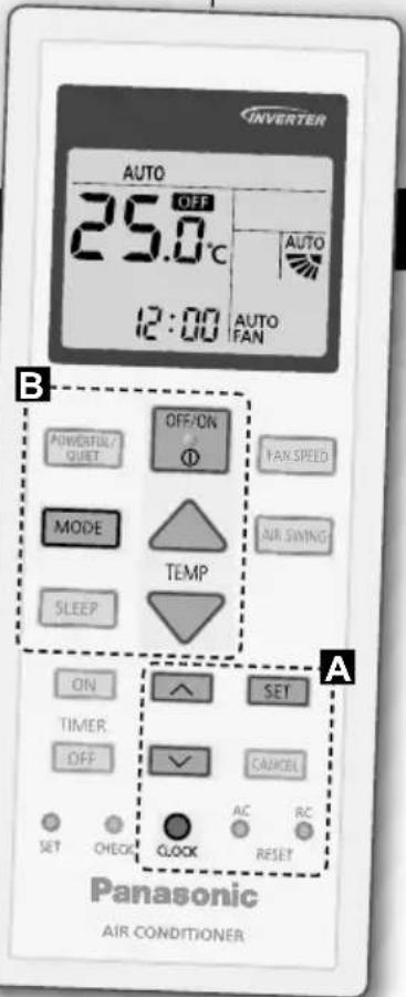 INVERTER AUTO 25.0°C 12:00 AUTO FAN B OFF/ON Φ YAN SPEED MODE TEMP SLEEP ON SET TIMER OFF CANCEL SET CHECK CLOCK RESET A Panasonic AIR CONDITIONER