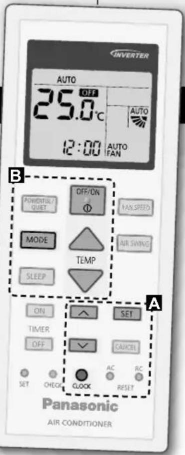 INVERTER AUTO 25.0°C 12:00 AUTO FAN B POWERFUL/ - QURET OFF/ON Φ FAN SPEED MODE TEMP SLEEP AIR SWING ON SET TIMER ✓ CANCEL OFF SET CHECK CLOCK AC RC RESET Panasonic AIR CONDITIONER