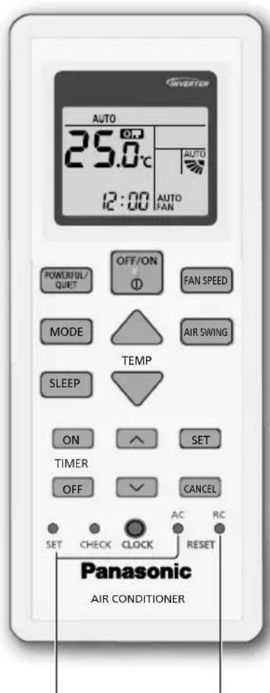 INVERTER AUTO 25.0°C 12:00 AUTO FAN POWERFUL/ QUIET OFF/ON ① FAN SPEED MODE AIR SWING TEMP SLEEP ON SET TIMER OFF CANCEL SET CHECK CLOCK AC RC RESET Panasonic AIR CONDITIONER