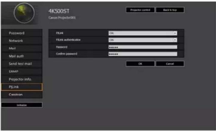 4K500ST Canon Projector001 Projector control Back to top Password Network Mail Mail auth Send test mail SRMP Projector info. PLink Chestron Initiate Flink ON Flink authentication ON Password **** Confirm password **** OK Cancel